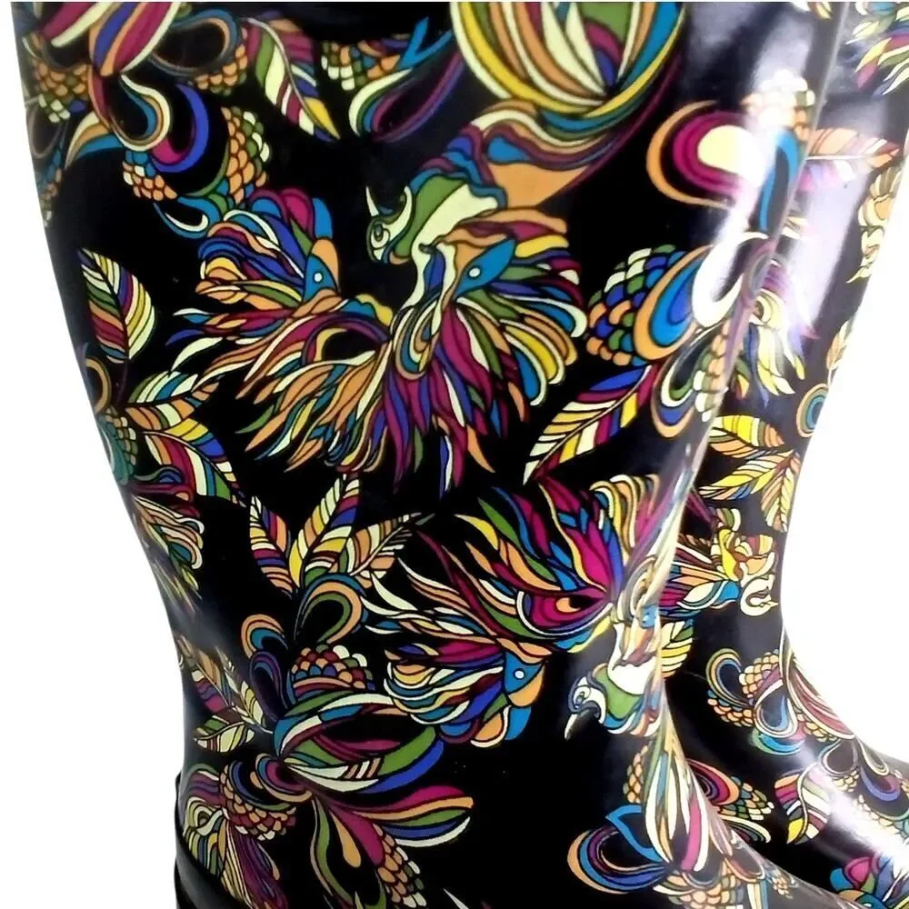 Designer Sakroots Womens Black Rain Boots with Colorful Birds Designs - Size 8